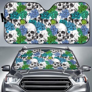 Green Blue Flowers Skull Car Auto Sun Shade