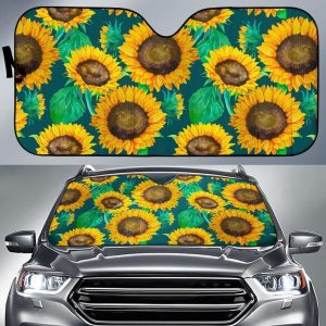 Green Watercolor Sunflower Car Auto Sun Shade