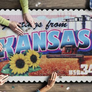 Greetings From Kansas Postcard On Stamp Jigsaw Puzzle Set