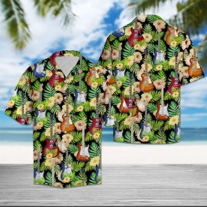 Guitar Yellow Hibiscus Flower Hawaiian Shirt Summer Button Up