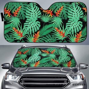 Heliconia Flower Palm Monstera Leaves Black Car Auto Sun Shade