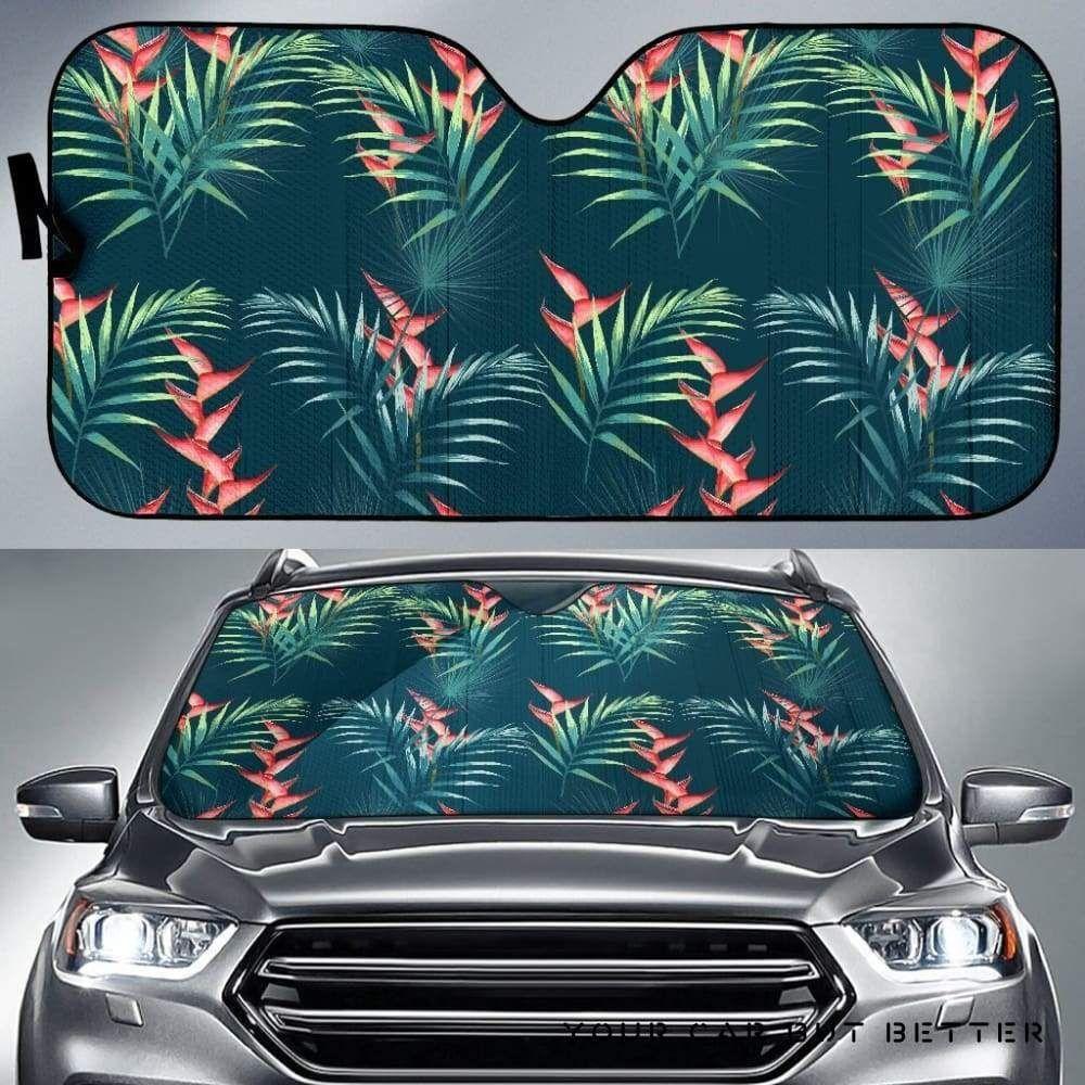 Heliconia Flowers, Palm And Monstera Leaves On Black Background Pattern Car Auto Sun Shade Heliconia Flowers, Palm And Monstera Leaves On Black Background Pattern Car Auto Sun Shade