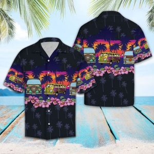 Hippie Bus Border Chest Hawaiian Shirt Summer Button Up