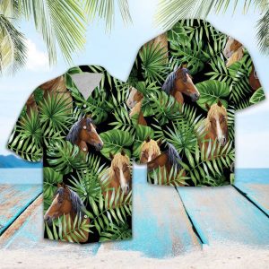 Horse Green Tropical Leaves Hawaiian Shirt Summer Button Up