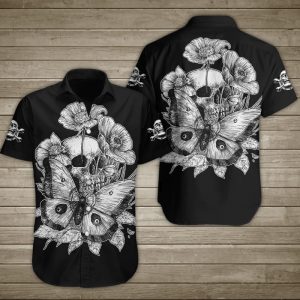 Human Skull With Butterfly Hawaiian Shirt Summer Button Up