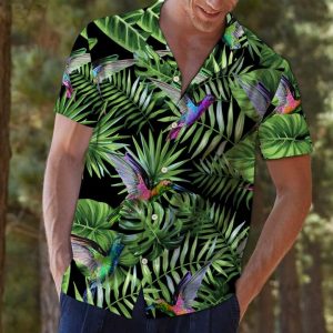 Hummingbird Green Tropical Leaves Hawaiian Shirt Summer Button Up