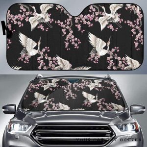 Japanese Crane Pink Sakura Pattern Car Auto Sun Shade