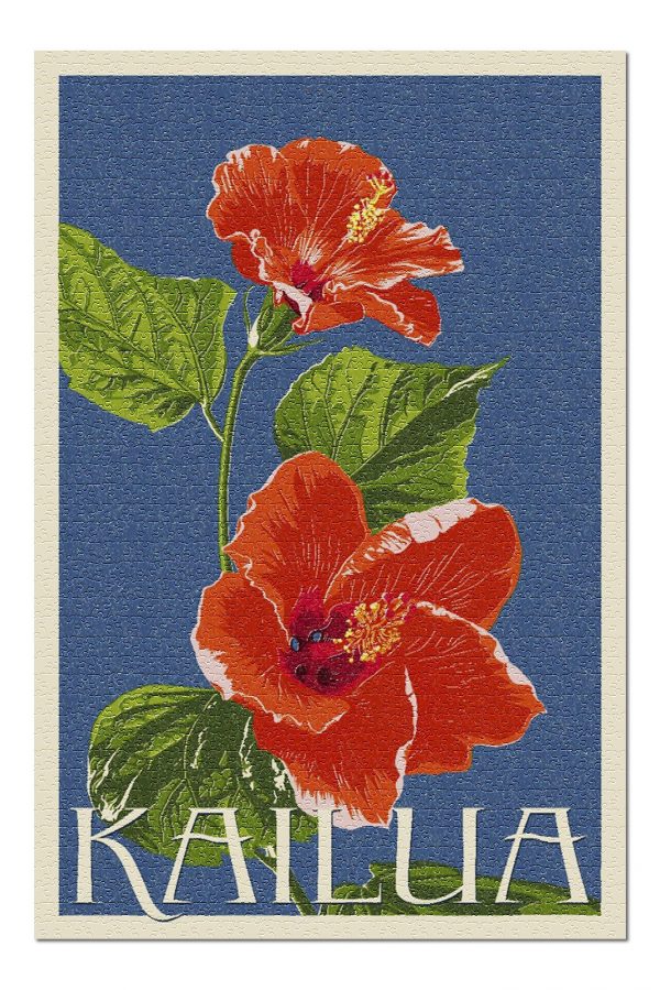 Kailua, Hawaii Red Hibiscus Flower Letterpress Jigsaw Puzzle Set
