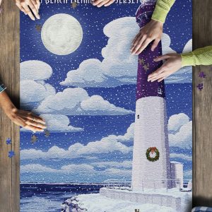 Long Beach Island, New Jersey Barnegat Lighthouse Christmas Scene Jigsaw Puzzle Set