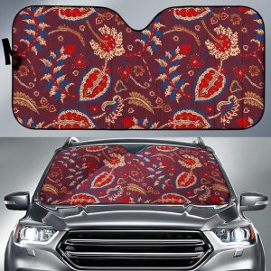 Maroon Vintage Bohemian Floral Car Auto Sun Shade