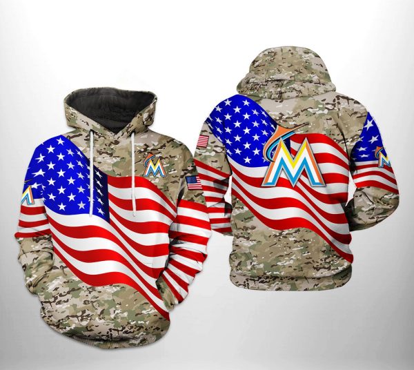 Miami Marlins MLB US Flag Camo Veteran 3D Printed Hoodie/Zipper Hoodie