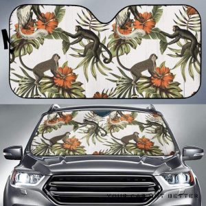 Monkey Red Hibiscus Flower Palm Leaves Floral Pattern Car Auto Sun Shade