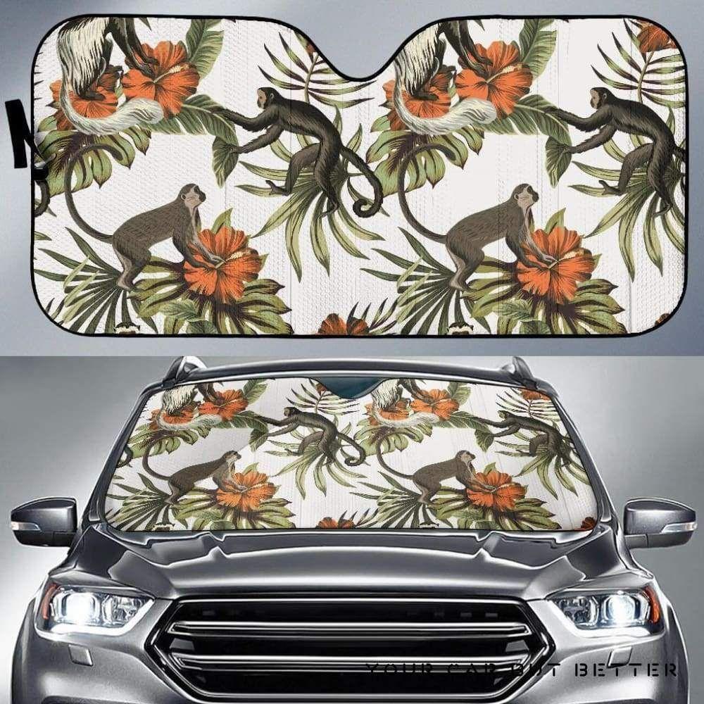 Monkey Red Hibiscus Flower Palm Leaves Floral Pattern Car Auto Sun Shade Monkey Red Hibiscus Flower Palm Leaves Floral Pattern Car Auto Sun Shade