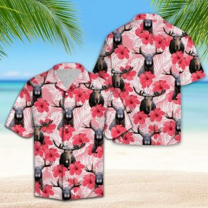 Moose Tropical Flowers Hibiscus Hawaiian Shirt Summer Button Up