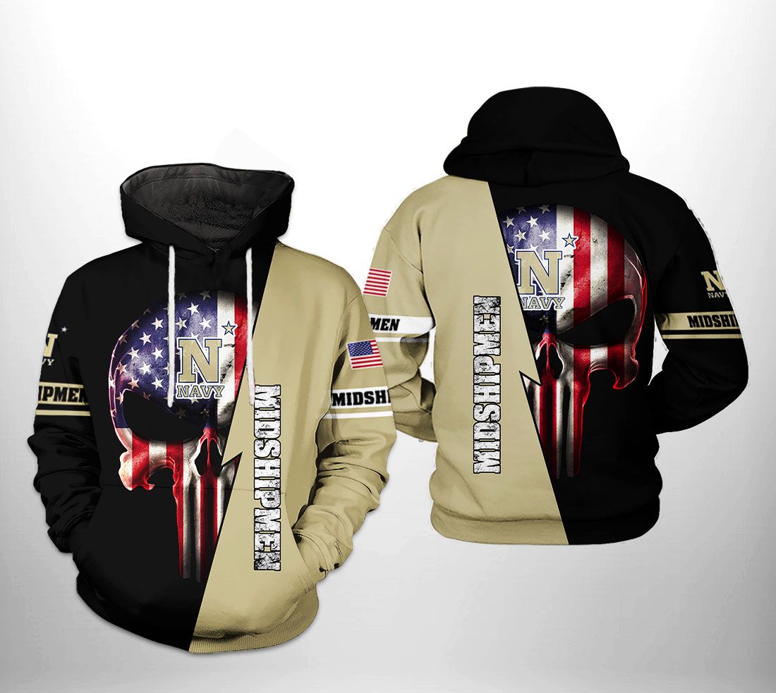 Navy Midshipmen NCAA US Flag Skull 3D Printed Hoodie/Zipper Hoodie Navy Midshipmen NCAA US Flag Skull 3D Printed Hoodie/Zipper Hoodie