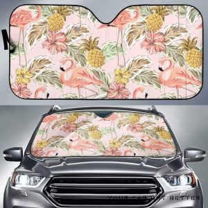 Pink Flamingo Birds Pineapples Hibiscus Flower Pattern Car Auto Sun Shade