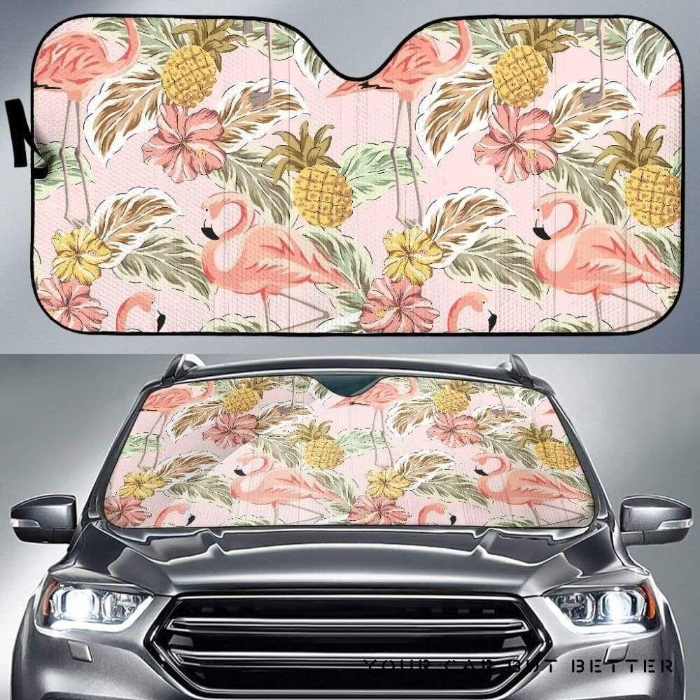 Pink Flamingo Birds Pineapples Hibiscus Flower Pattern Car Auto Sun Shade Pink Flamingo Birds Pineapples Hibiscus Flower Pattern Car Auto Sun Shade