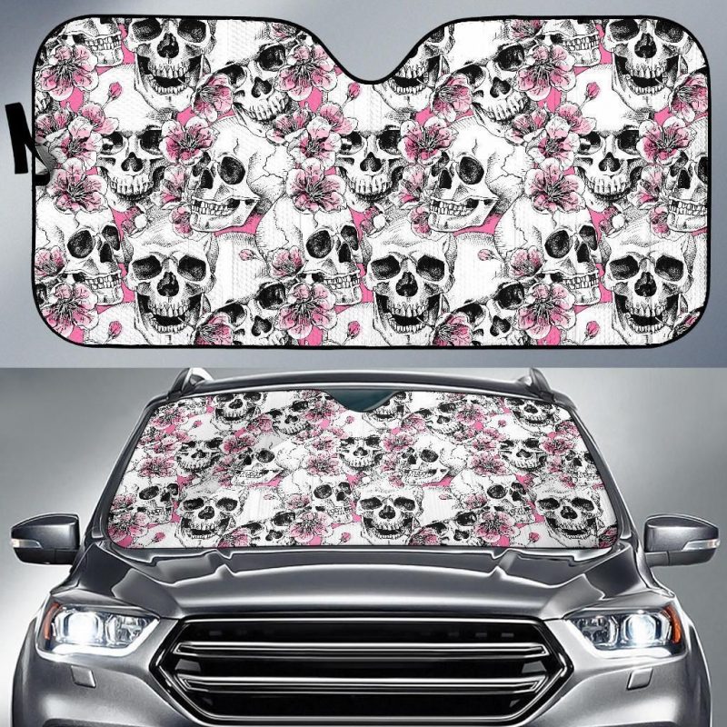 Floral Rose Sugar Skull Skeleton Girly Pattern Print Car Sun Shade