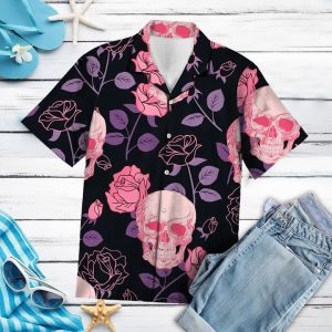 Pinky Skull Flower Hawaiian Shirt Summer Button Up