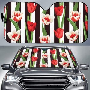 Red And White Tulips Pattern Car Auto Sun Shade