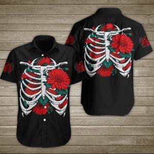 Red Daisy Rib Cage Hawaiian Shirt Summer Button Up