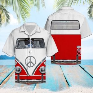 Red Hippie Bus Hawaiian Shirt Summer Button Up