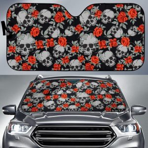 Red Rose Grey Skull Car Auto Sun Shade