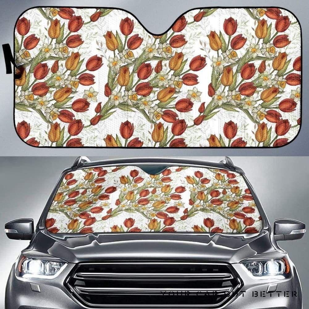 Red Tulips And Daffodils Pattern Car Auto Sun Shade Red Tulips And Daffodils Pattern Car Auto Sun Shade