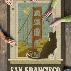 San Francisco, California Golden Gate Bridge And Cat Window Jigsaw Puzzle Set