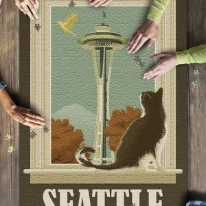 Seattle, Washington Space Needle And Cat Window Jigsaw Puzzle Set