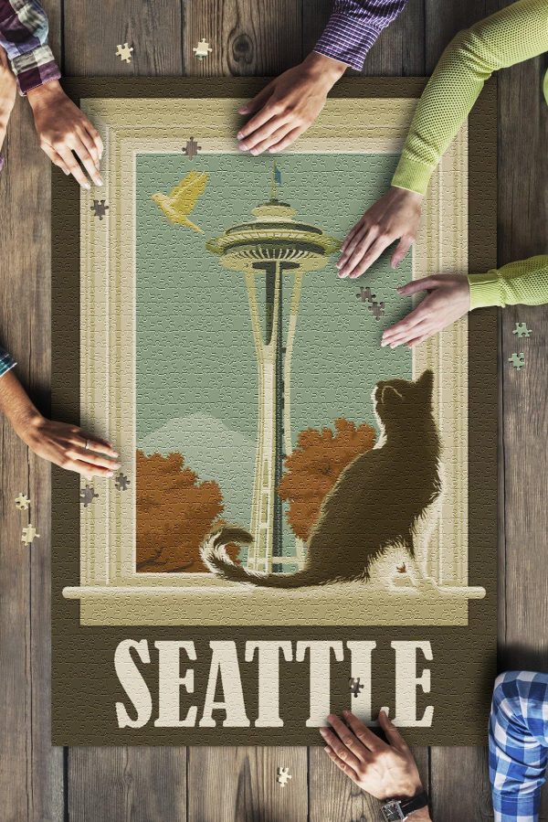 Seattle, Washington Space Needle And Cat Window Jigsaw Puzzle Set