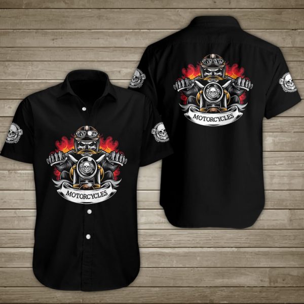 Skull Biker On Fire Hawaiian Shirt Summer Button Up
