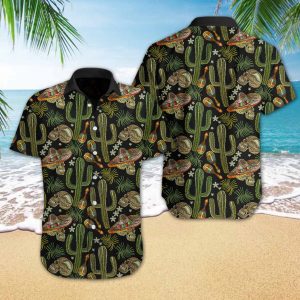 Skull Cactus Embroidery Hawaiian Shirt Summer Button Up