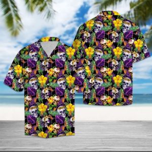 Skull Frangipani Flower Hawaiian Shirt Summer Button Up