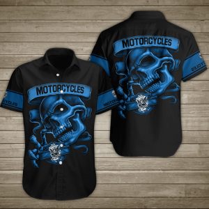 Skull Motorcycle Light Blue Neon Hawaiian Shirt Summer Button Up