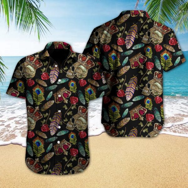 Skull Rose Feather Hawaiian Shirt Summer Button Up