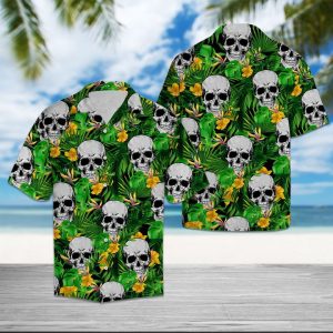 Skull Tropical Wild Flower Hawaiian Shirt Summer Button Up
