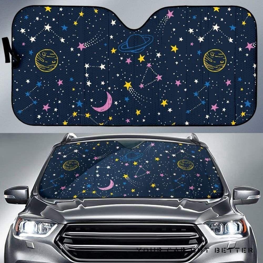 Space Pattern With Planets, Comets, Constellations And Stars Car Auto Sun Shade Space Pattern With Planets, Comets, Constellations And Stars Car Auto Sun Shade