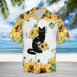 Sunflower Black Cat Hawaiian Shirt Summer Button Up