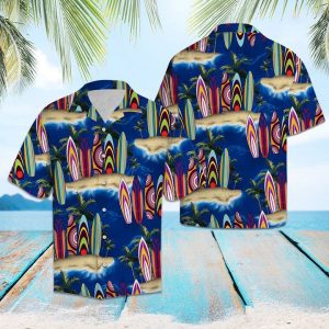 Surfboard Palm Tree Hawaiian Shirt Summer Button Up
