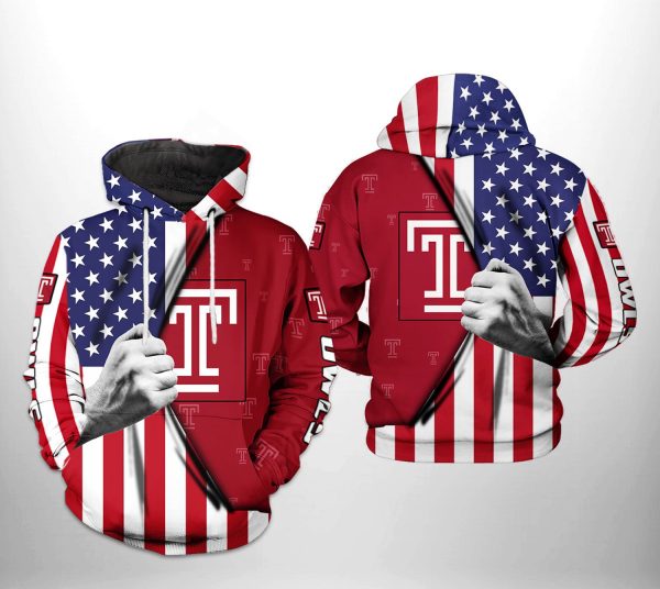Temple Owls NCAA US Flag 3D Printed Hoodie/Zipper Hoodie
