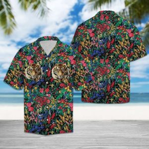 Tiger Flowers Hawaiian Shirt Summer Button Up