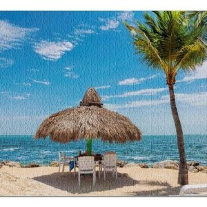 Tropical Beach, Umbrella & Palm Trees Jigsaw Puzzle Set