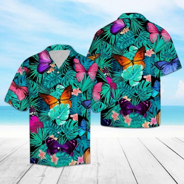 Tropical Butterfly Hawaiian Shirt Summer Button Up