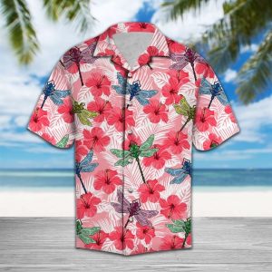 Tropical Flowers Hibiscus Dragonfly Hawaiian Shirt Summer Button Up