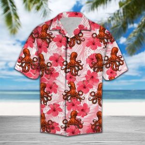 Tropical Flowers Hibiscus Octopus Hawaiian Shirt Summer Button Up