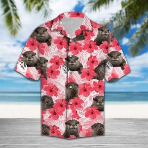 Tropical Flowers Hibiscus Otter Hawaiian Shirt Summer Button Up