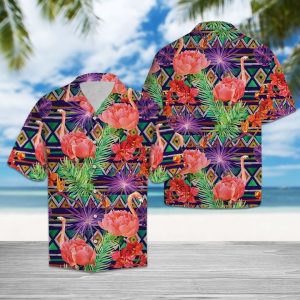 Tropical Leaves Flamingo Hawaiian Shirt Summer Button Up