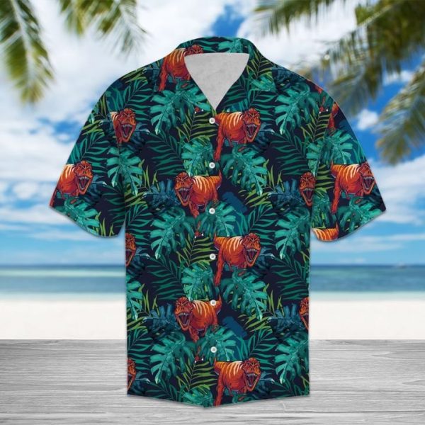 Tropical Trex Hawaiian Shirt Summer Button Up