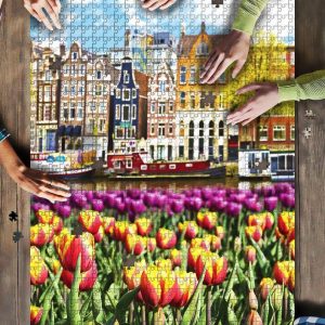 Tulips And Houses In Amsterdam Holland Jigsaw Puzzle Set